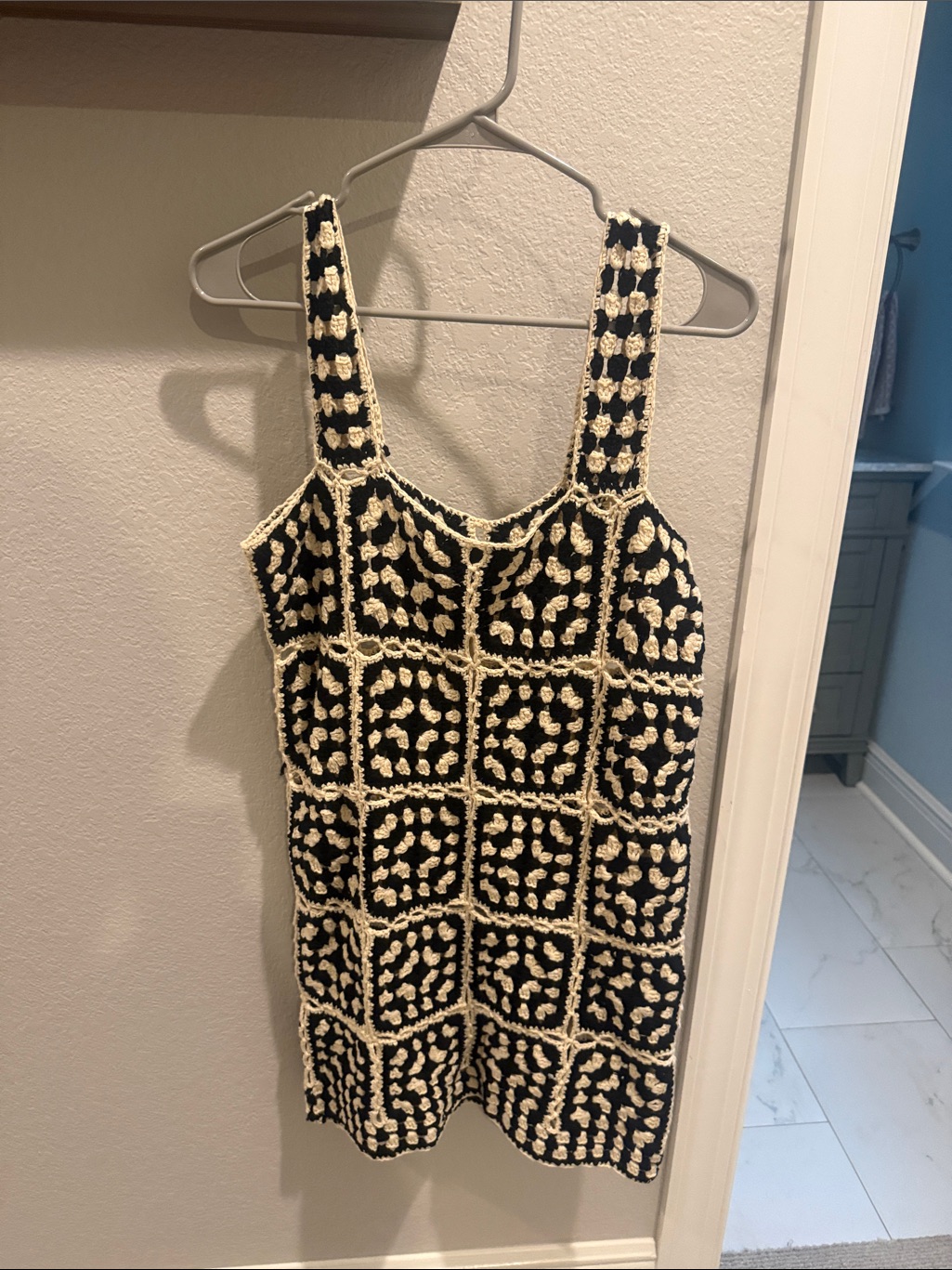 Black & Cream Crochet Square-Panel Tank Dress
